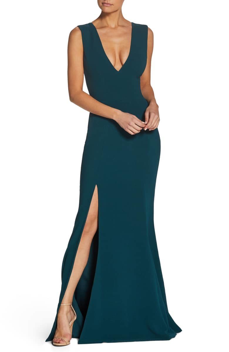 <strong>Sizes</strong>: XS to XXL<br /><a href="https://shop.nordstrom.com/s/dress-the-population-sandra-plunge-crepe-trumpet-gown/4924562?origin=category-personalizedsort&amp;breadcrumb=Home%2FWomen%2FClothing%2FDresses%2FWedding%20Guest&amp;color=pine" target="_blank" rel="noopener noreferrer">Get it at Nordstrom</a>, $288.&nbsp;