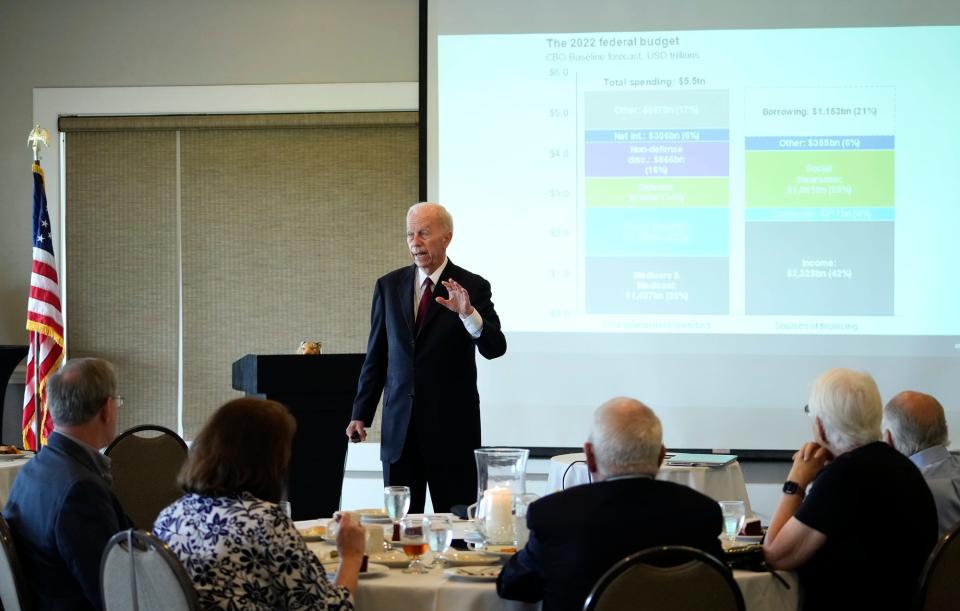 Hyatt Brown offers a charts-and-graphs presentation on his concern about the U.S. economy, that the federal elected officials need to address the growing national debt.