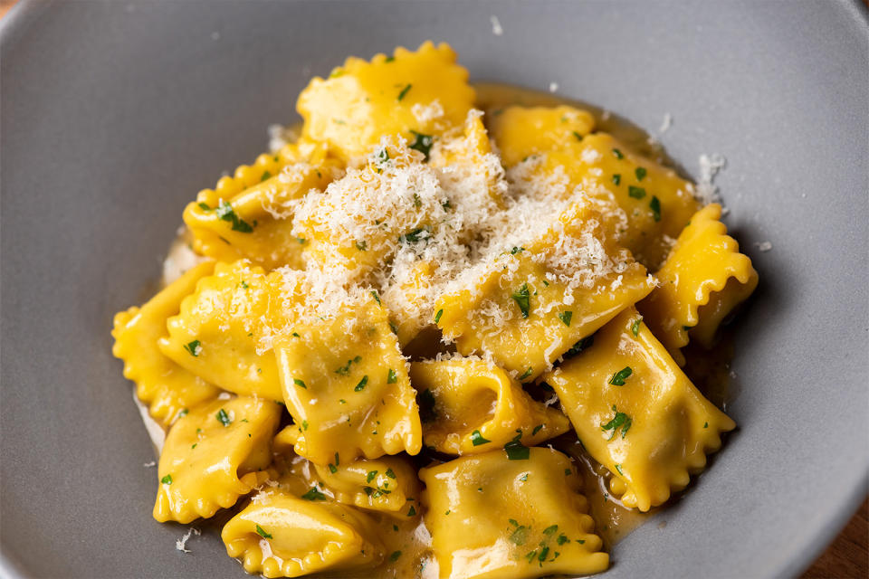 a bowl of ravioli-like pasta