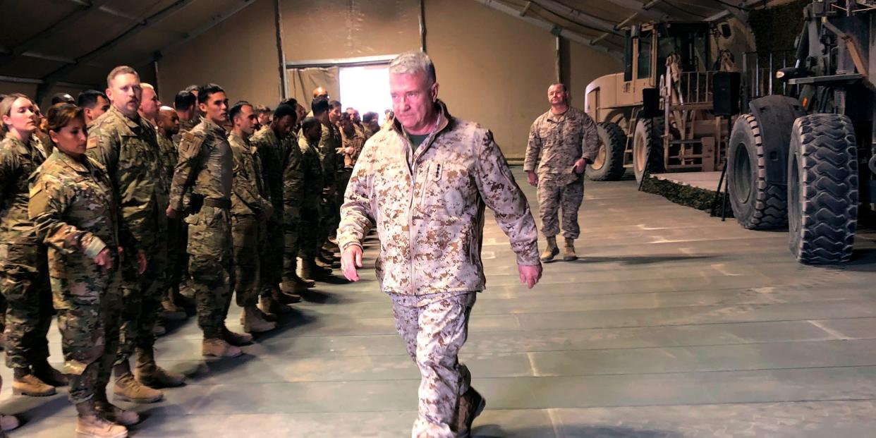 Marine Gen. Frank McKenzie, the top US commander for the Middle East, meets with troops at Prince Sultan Air Base in Saudi Arabia, Wednesday, Jan. 29, 2019, where America has recently deployed fighter jets, Patriot missile batteries, troops and other systems. (AP Photos/Lolita Baldor)