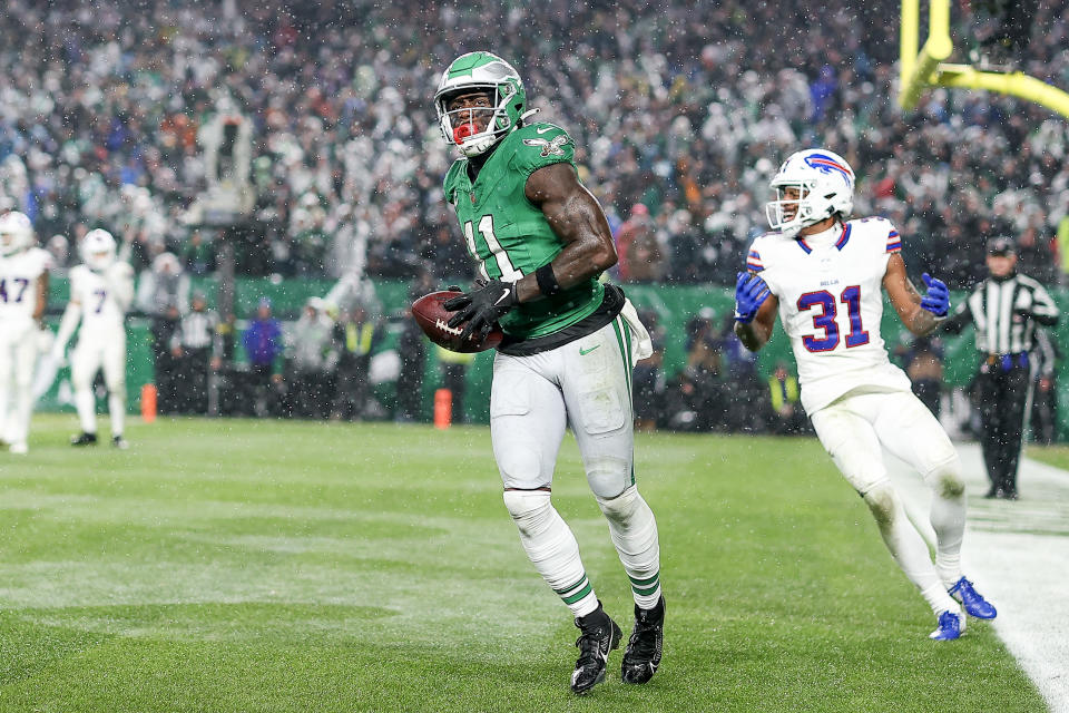 PHILADELPHIA, PENNSYLVANIA – NOVEMBER 26: A.J. Brown #11 of the Philadelphia Eagles reacts after a receiving touchdown during the third quarter against the Buffalo Bills at Lincoln Financial Field on November 26, 2023 in Philadelphia, Pennsylvania. (Photo by Tim Nwachukwu/Getty Images)