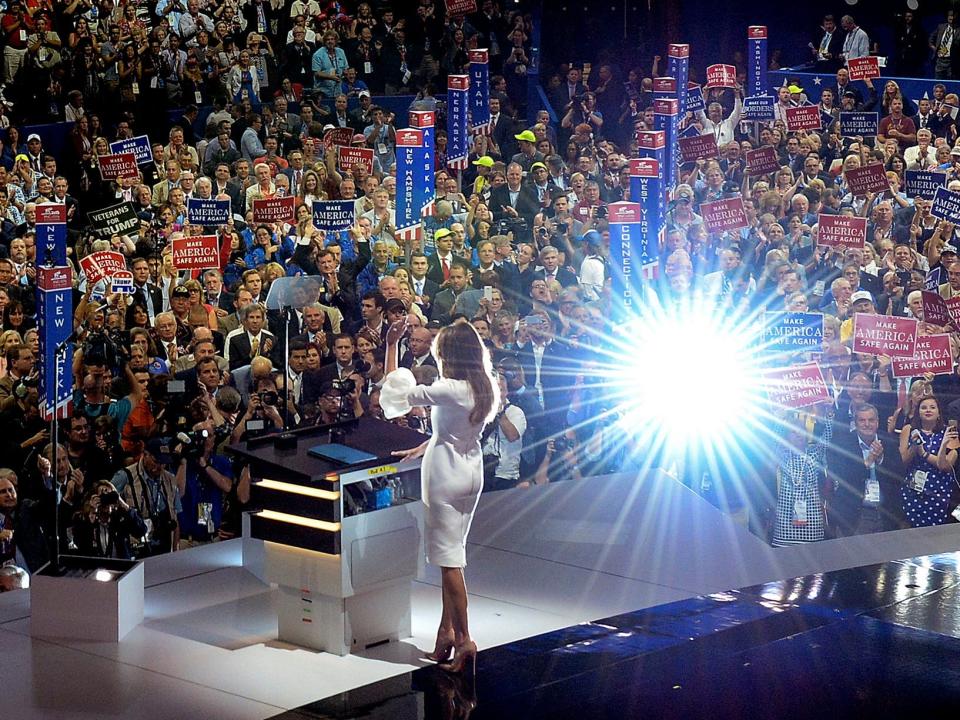 Melania Trump waving to the crowd at the 2016 Republican National Convention after her speech.