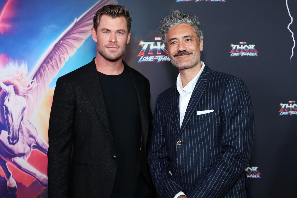 Closeup of Chris Hemsworth and Taika Waititi