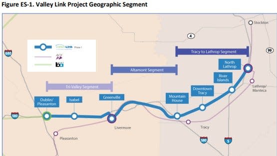 A map of the new train stations regional agencies plan to build as part of the Valley Link project.