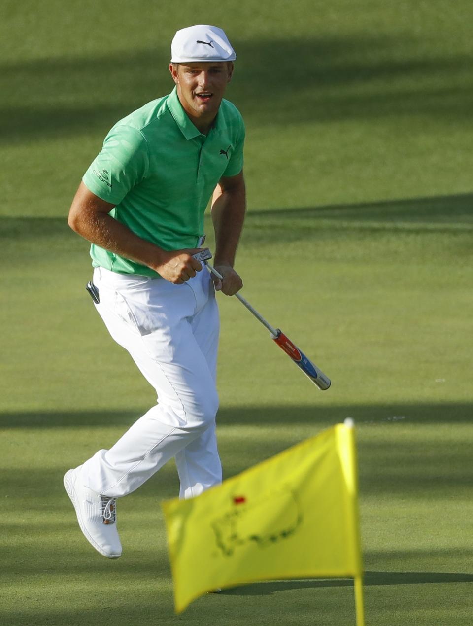 Bryson DeChambeau rects after missing a putt on the 15th hole during the first round for the Masters golf tournament Thursday, April 11, 2019, in Augusta, Ga. (AP Photo/Matt Slocum)