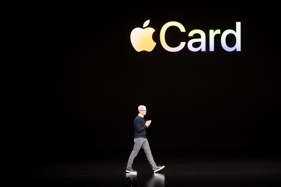 Apple CEO Tim Cook introduces Apple Card during a launch event at Apple headquarters in Cupertino, California. Photo: Noah Berger/AFP/Getty Images