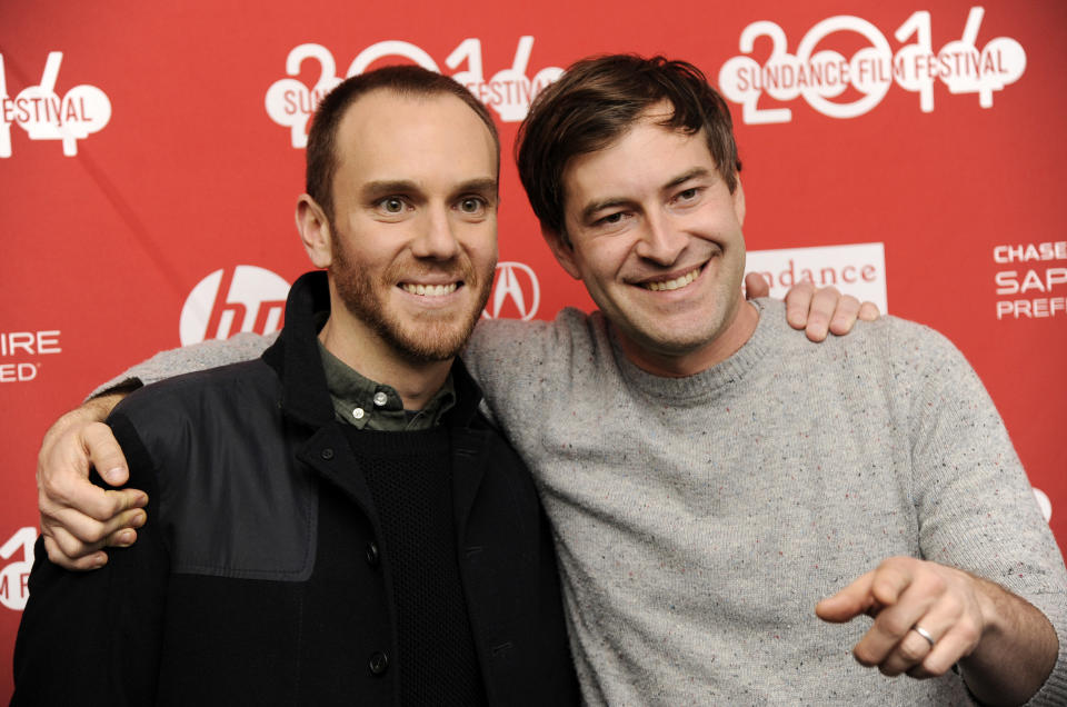 Author Charlie McDowell, left, director of "The One I Love," poses with cast member and executive producer Mark Duplass at the premiere of the film at the 2014 Sundance Film Festival, Tuesday, Jan. 21, 2014, in Park City, Utah. (Photo by Chris Pizzello/Invision/AP)