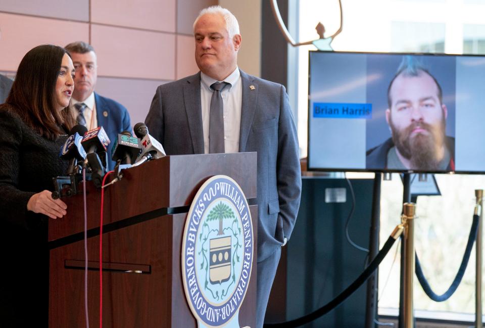 First Deputy District Attorney Jennifer Schorn, left, speaks to the press alongside Bucks County District Attorney Matt Weintrub, right, during the press conference about the case, Commonwealth v. Brian N. Harris at the Bucks County Justice Center in Doylestown on Tuesday, Nov. 28, 2023.

[Daniella Heminghaus | Bucks County Courier Times]