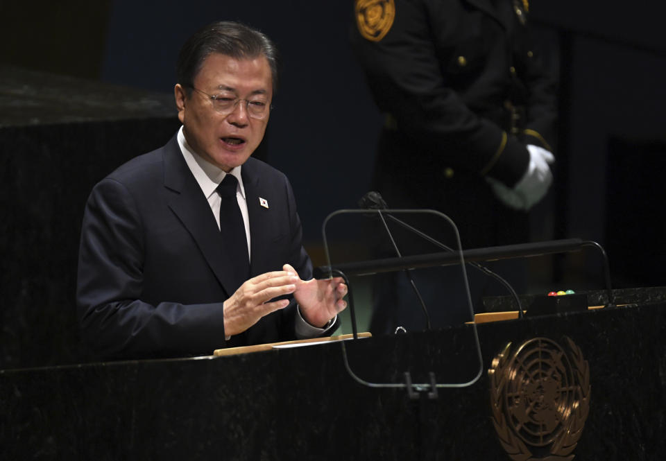 Moon Jae-in, President, Republic of Korea during the 76th Session of the General Assembly at UN Headquarters Tuesday, Sept. 21, 2021 (Timothy A. Clary/Pool Photo via AP)