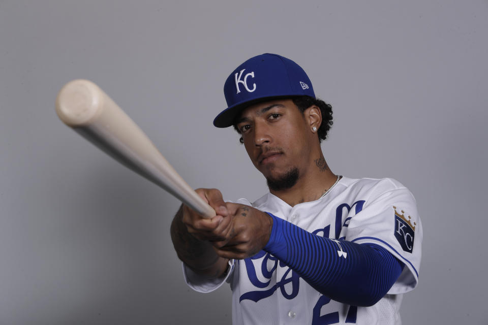 FILE - This is a 2020 file photo showing Adalberto Mondesi of the Kansas City Royals baseball team. (AP Photo/Charlie Riedel, File)