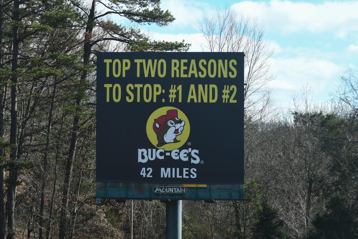 A classic Buc-ee's billboard reads "Top Two Reasons to Stop: #1 and #2" on Interstate 40 in Tennessee on Thursday, Dec. 28, 2023.