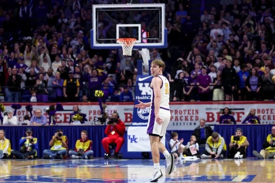 Lyon County’s Travis Perry (11) celebrated a 3-pointer against Harlan County during the 2024 UK HealthCare Boys’ Sweet 16 state basketball tournament championship game at Rupp Arena on Saturday.