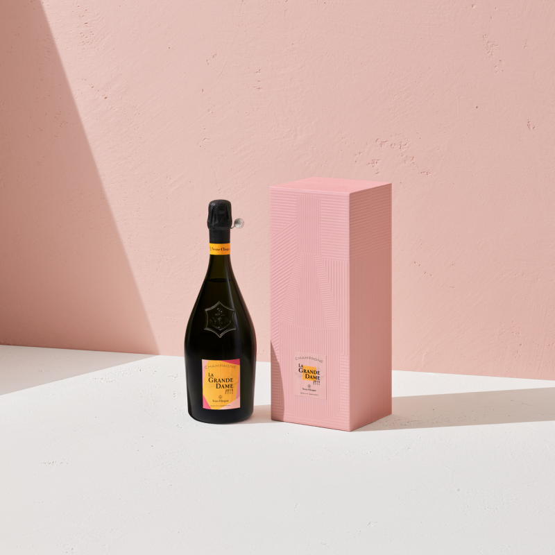 <a href="https://www.veuveclicquot.com/en-us/lagrandedamerose2015xpaolaparonetto.html" rel="nofollow noopener" target="_blank" data-ylk="slk:La Grande Dame Rosé 2015;elm:context_link;itc:0;sec:content-canvas" class="link ">La Grande Dame Rosé 2015</a>'s collaboration bottling with Paola Paronetto<p>Courtesy of Veuve Clicquot</p>