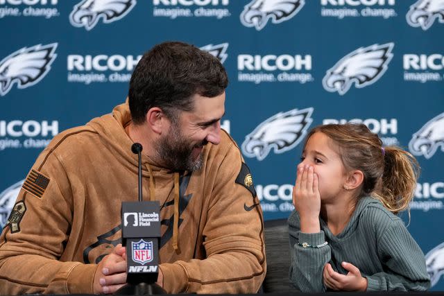 <p>AP Photo/Matt Slocum</p> Philadelphia Eagles head coach Nick Sirianni's daughter Taylor, 5, steals her dad's attention during a press conference following Sunday's win against the Dallas Cowboys