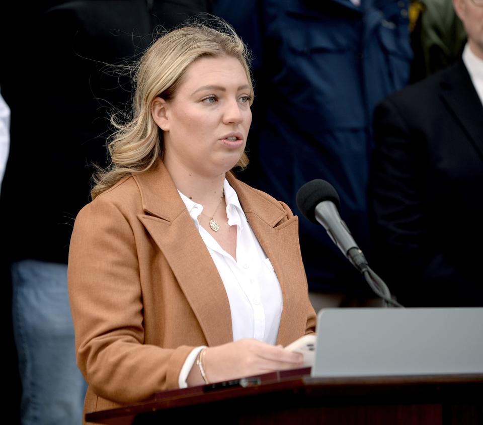 Maddy Kinsel, fiance of Illinois State Police Trooper Dakotah "Kody" Chapman-Green speaks during a press conference Tuesday about his condition after being shot.
