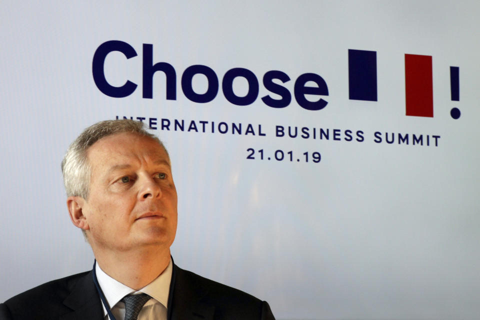 French Economy minister Bruno Le Maire takes part in the second edition of the "Choose France" summit, at the Versailles palace, outside Paris, France, Monday, Jan. 21, 2019. (Geoffroy Van Der Hasselt/Pool Photo via AP)