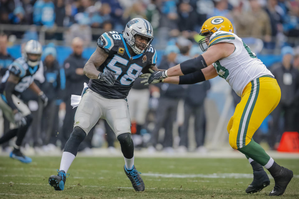 The Panthers will be without Pro Bowl linebacker Thomas Davis on Sunday; Davis is suspended for the game after a helmet-to-helmet hit on Green Bay’s Davante Adams last Sunday. (AP)