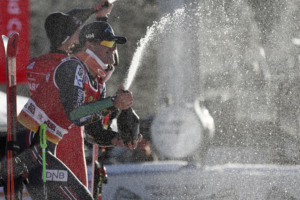 The winner Norway's Lucas Braathen celebrates after an alpine ski, men's World Cup giant slalom, in Alta Badia, Italy, Sunday, Dec. 18, 2022. (AP Photo/Gabriele Facciotti)