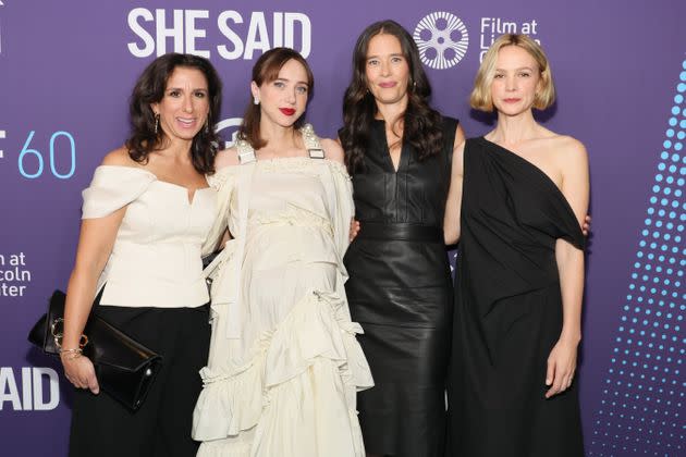 Jodi Kantor (left), Zoe Kazan, Megan Twohey and Carey Mulligan attend the red carpet event for 