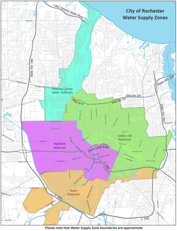 The city of Rochester's water supply is derived from three reservoirs - the Highland Park Reservoir, Cobbs Hill Park Reservoir and the Rush Reservoir.