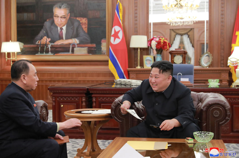 FILE - In this Jan. 23, 2019, file photo provided by the North Korean government, North Korean leader Kim Jong Un, right, meets Kim Yong Chol, who traveled to Washington to discuss denuclearization talks, in Pyongyang, North Korea. With their second summit fast approaching, speculation is growing that U.S. President Donald Trump may try to persuade the North leader Kim to commit to denuclearization by giving him something he wants more than almost anything else, an announcement of peace and an end to the Korean War. Independent journalists were not given access to cover the event depicted in this image distributed by the North Korean government. Korean language watermark on image as provided by source reads: "KCNA" which is the abbreviation for Korean Central News Agency. (Korean Central News Agency/Korea News Service via AP, File)