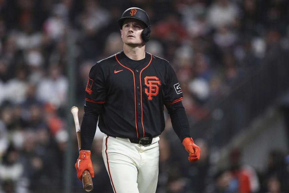 San Francisco Giants' Matt Chapman reacts to striking out against the San Diego Padres in the ninth inning of a baseball game in San Francisco, Saturday, April 6, 2024. (AP Photo/Kavin Mistry)