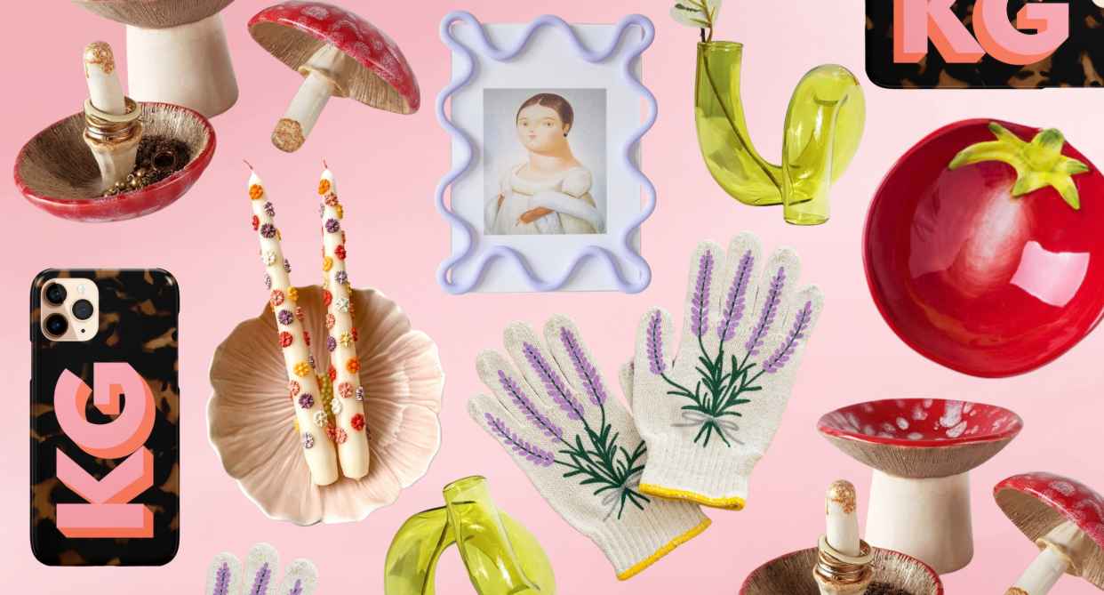 etsy collage of mushroom jewellery holder, squiggle mirror, gardening gloves, vase, tomato dish, phone case, candles on pink background 
