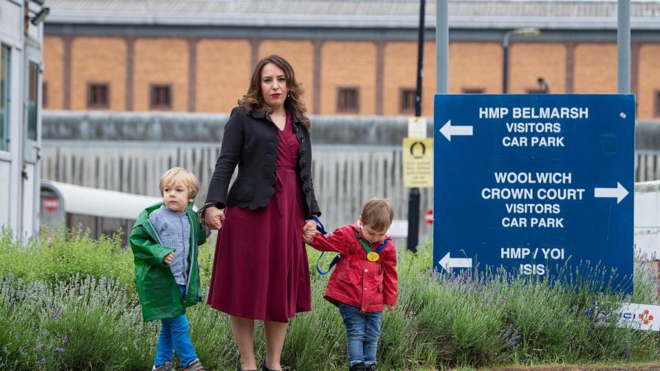 PHOTO: Stella Moris stands with her children Gabriel, four, (left) and Max, two, outside Belmarsh Prison, London, following a visit to her partner and their father Julian Assange, June 19, 2021. (Dominic Lipinski/PA Images via Getty Images)