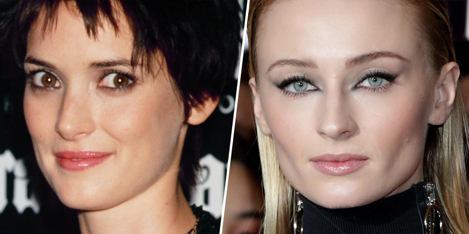 Grunge eyes then vs. now: Winona Ryder in 1990/Sophie Turner in 2019 (Getty Images, WireImage)