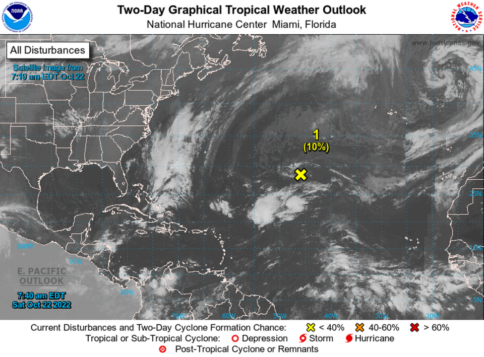 Mapa del Centro Nacional de Huracanes a las 8 a. m. del sábado 22 de octubre de 2022.