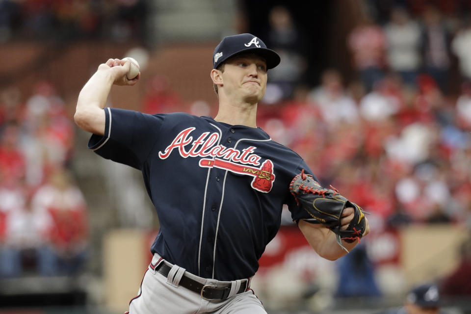 Atlanta Braves starting pitcher Mike Soroka throws a pitch during the first inning in Game 3 of a National League Division Series baseball game against the St. Louis Cardinals, Sunday, Oct. 6, 2019, in St. Louis. (AP Photo/Charlie Riedel)