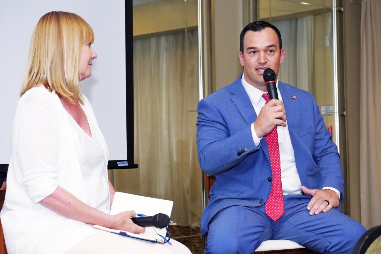 Laura Benson moderated a question and answer session with Sarasota County Commissioner Neil Rainford Friday, June 28, 2023 at the South County Tiger Bay Luncheon. Rainford, who was appointed by Gov. Ron DeSantis to finish the term of the late Nancy Detert as the District 3 representative, also explained why he’s choosing to run in that district instead of for the District 1 seat, which will also be vacant when incumbent Mike Moran is precluded from running because of term limits.