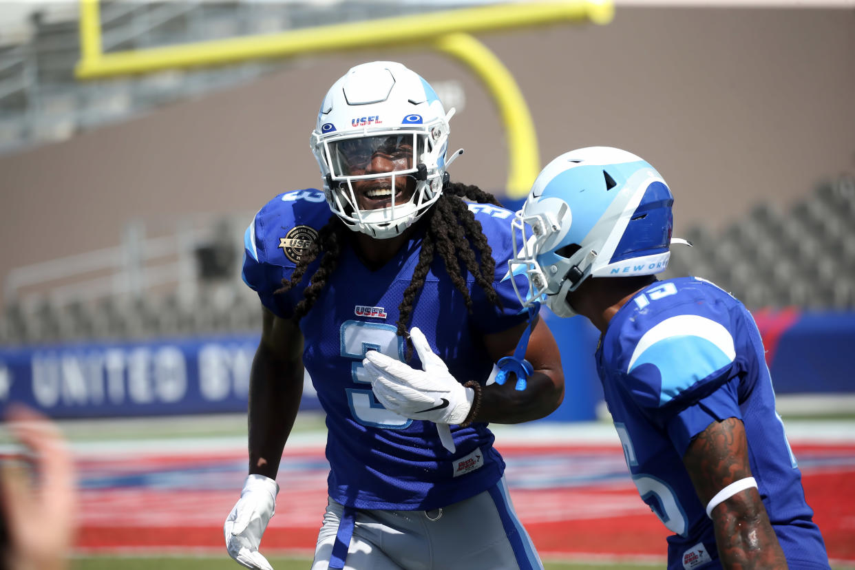 New Orleans Breakers defensive back Adonis Alexander (3) runs to the sideline after making an interception in the USFL game against the Tampa Bay Bandits on June 12. (Michael Wade/Icon Sportswire via Getty Images)