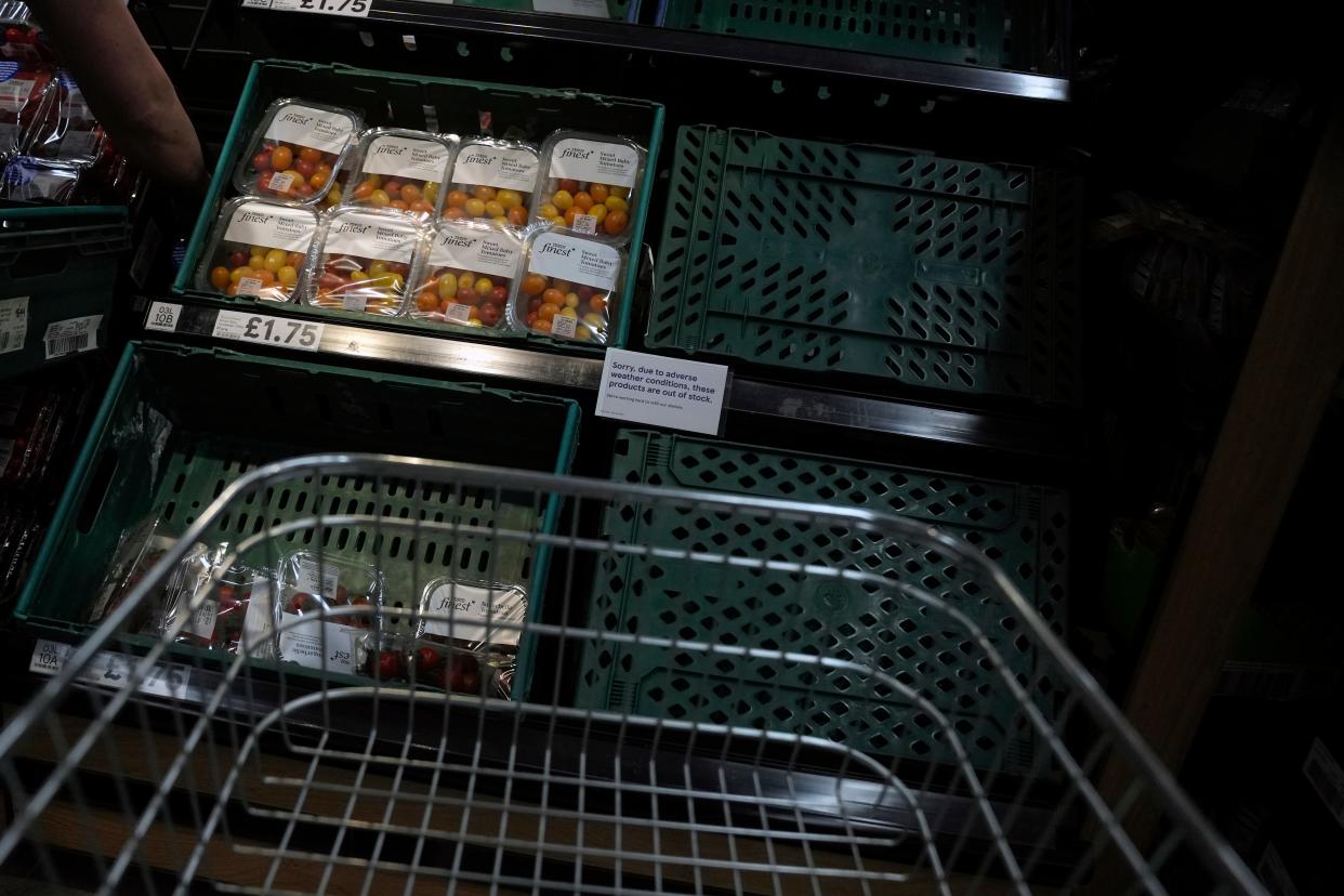 Packs of tomatoes on display next to a sign advising that there is a shortage of them due to bad weather (AP)