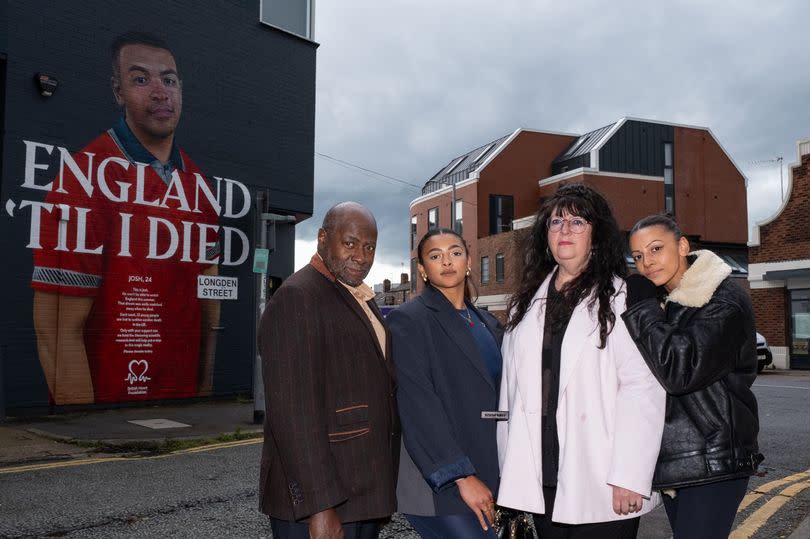 Becky and Ellie Downie with parents Helen and Anthony at Josh's mural