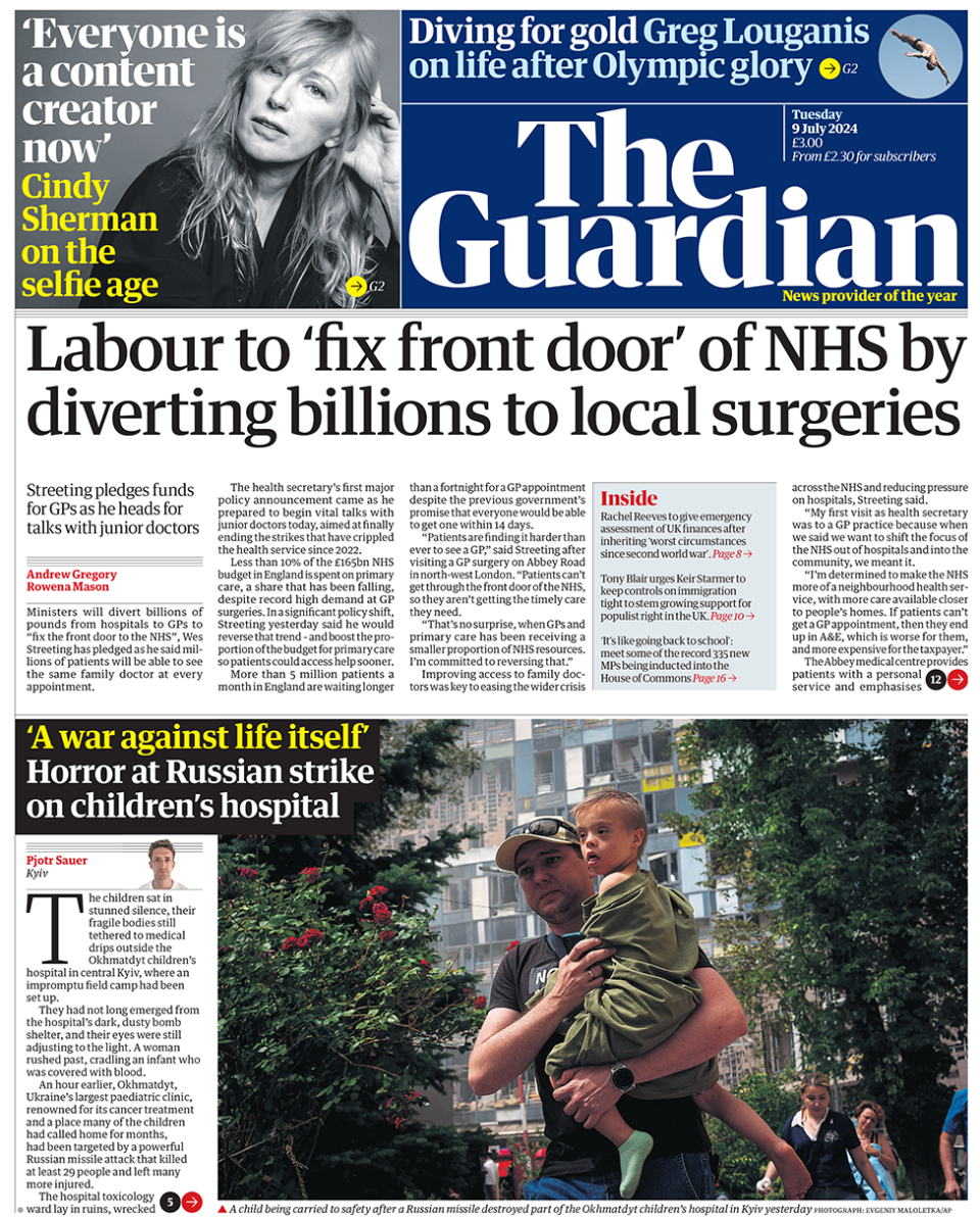 Front page of the Guardian, which focuses on the NHS