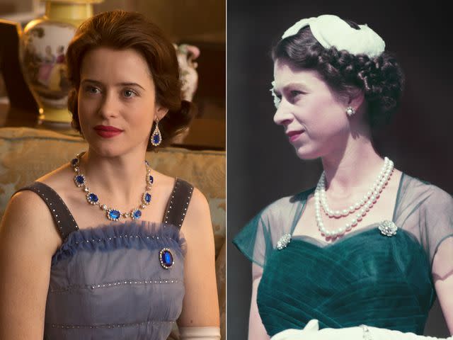 <p>Netflix; Fox Photos/Hulton Archive/Getty</p> Claire Foy in character as Queen Elizabeth on The Crown on Netflix; a young Queen Elizabeth.