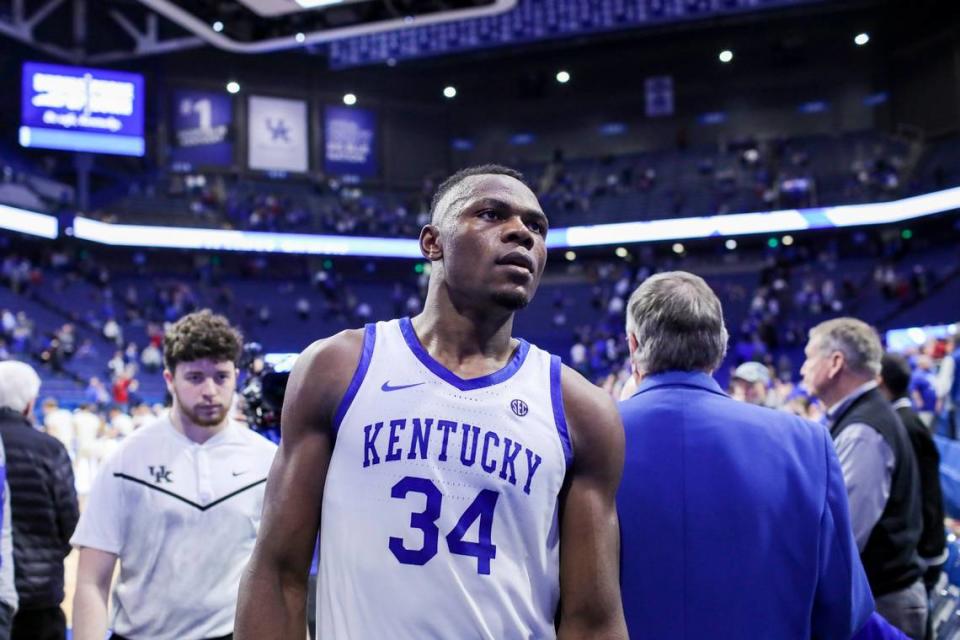 Kentucky Wildcats forward Oscar Tshiebwe (34) walks off the court after the game against the Arkansas Razorbacks at Rupp Arena.