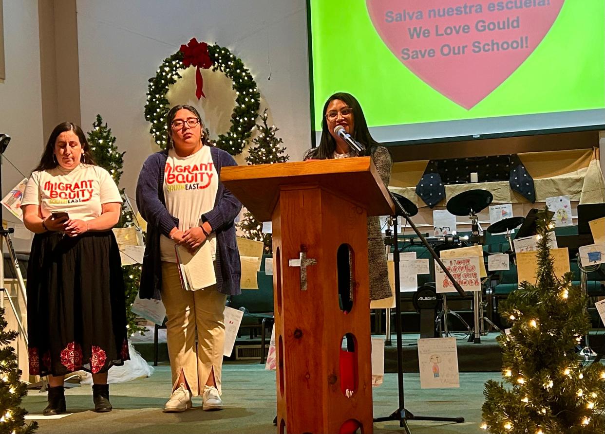 Migrant Equity South East (MESE) representatives Daniela Rodriguez (right), Christina Magaña (left) and Daniela Gonzalez hosted a Gould Elementary community meeting on Wednesday Nov. 29, 2023 at Silk Hope Baptist Church.