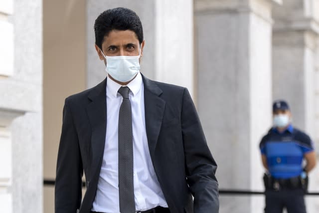 Nasser Al Khelaifi arrives at the Federal Criminal Court in Bellinzona, Switzerland, on Monday