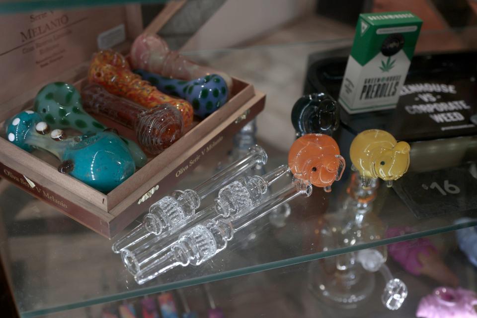 A few of the many items for sale used to smoke marijuana at Greenhouse of Walled Lake in Walled Lake on July 18, 2023.
