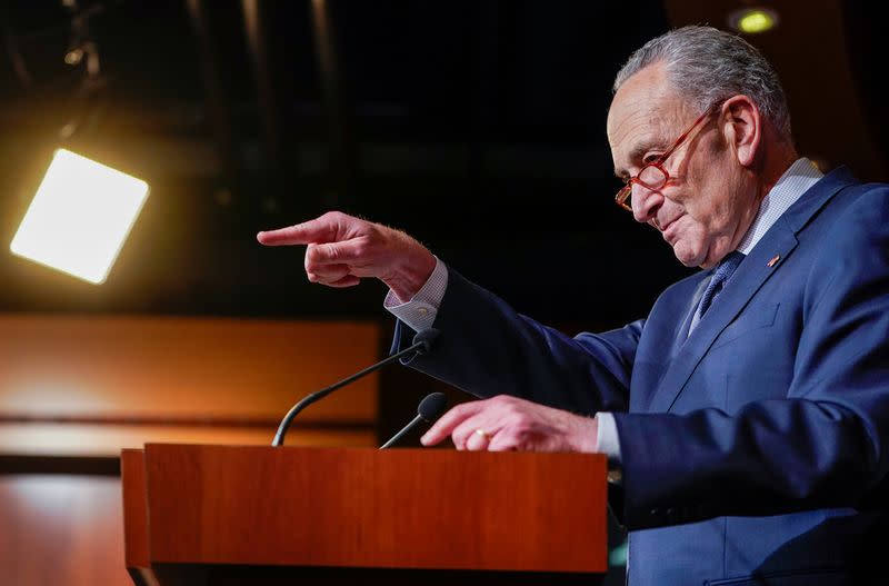 FILE PHOTO: Senate Minority Leader Schumer speaks following acquittal in Trump impeachment trial on Capitol Hill in Washington