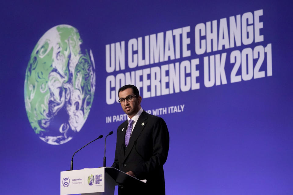 FILE - United Arab Emirates' Sultan Ahmed Al Jaber the Minister of Industry and Advanced Technology and Special Envoy for Climate Change speaks at the COP26 U.N. Climate Summit, in Glasgow, Scotland, on Nov. 10, 2021. Climate activists in Africa have expressed anger toward the United Nations climate agency, accusing it of allowing corporations and individuals with “dubious" climate credentials to “greenwash” their polluting activities by participating in its annual climate conference. The criticism follows Thursday’s announcement that oil executive Sultan al-Jaber will lead the next round of U.N. climate talks, which will be held in the United Arab Emirates in late November. (AP Photo/Alberto Pezzali)