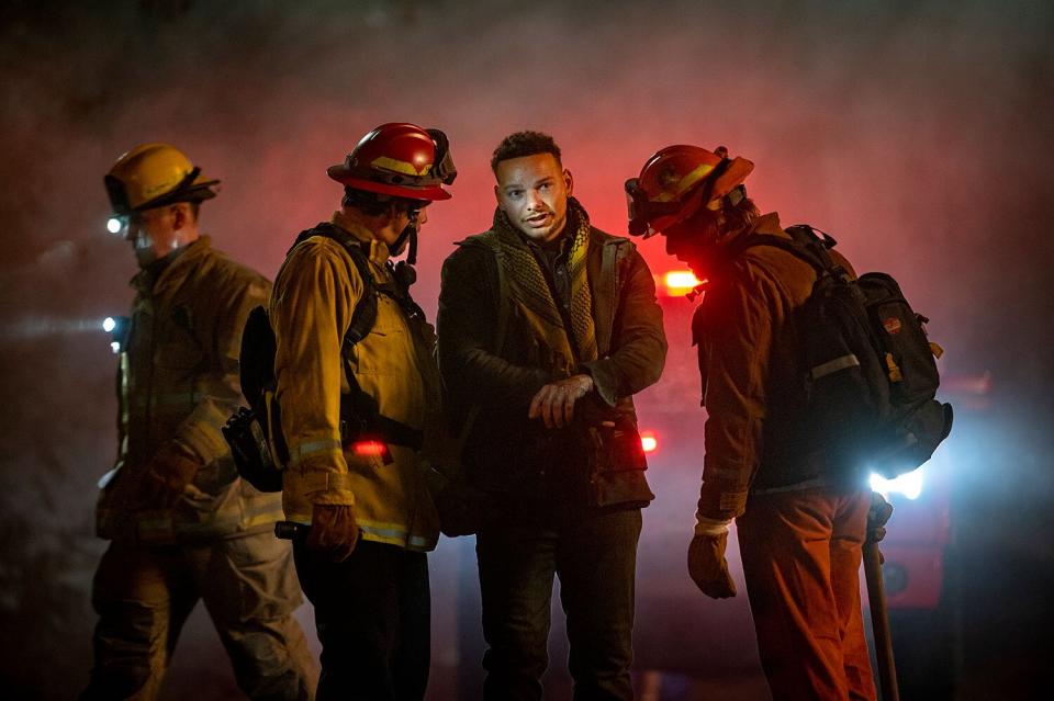 “Off the Rails” – The crews respond to the scene of a train crash where the rescue has the potential to spiral out of control when they discover the train is full of illicit cargo, and multi-platinum entertainer Kane Brown makes his acting debut as Robin, an enigmatic, modern-day train hopper who helps injured patients, on FIRE COUNTRY, Friday, April 7 (9:00 – 10:00 PM, ET/PT) on the CBS Television Network and available to stream live and on demand on Paramount+*.  Pictured (L-R): Kane Brown and Max Thieriot.  Photo: Sergei Bachlakov/CBS ©2023 CBS Broadcasting, Inc. All Rights Reserved.