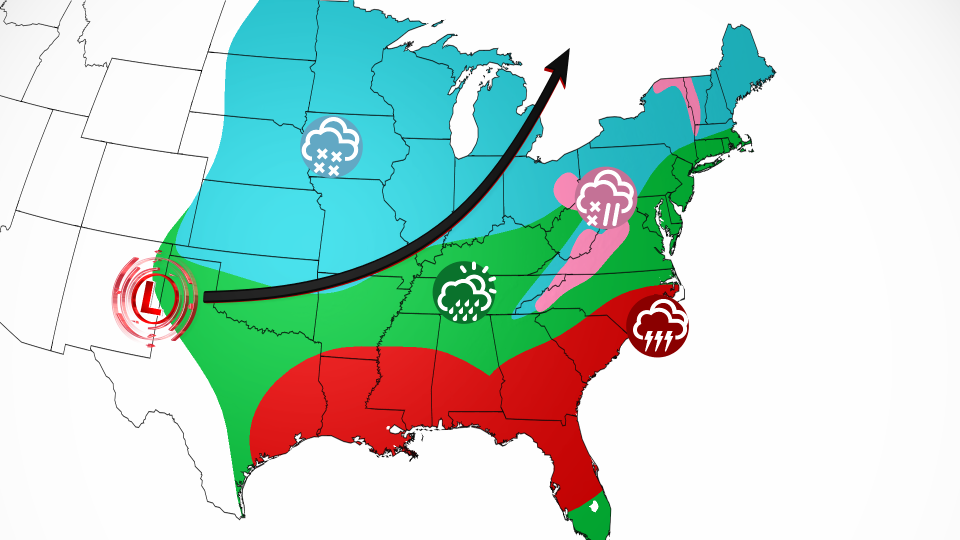 The reach of the second storm will span the entire eastern half of the country with severe storms (red), rain (green), ice (pink) and potential snow (blue). - CNN