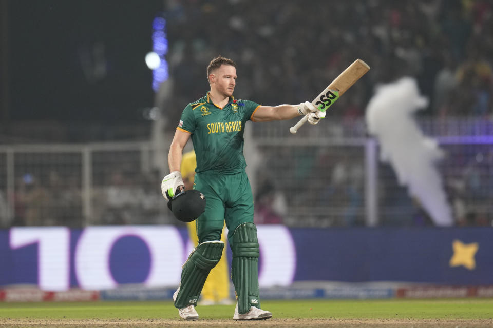South Africa's David Miller celebrates his century during the ICC Men's Cricket World Cup second semifinal match between Australia and South Africa in Kolkata, India, Thursday, Nov.16, 2023. (AP Photo/Aijaz Rahi)