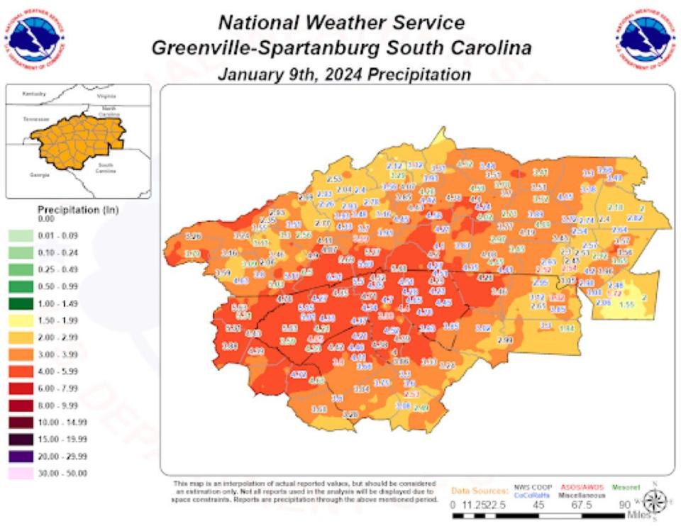 The map depicts rainfall totals Jan. 9 for Western North Carolina and surrounding areas.