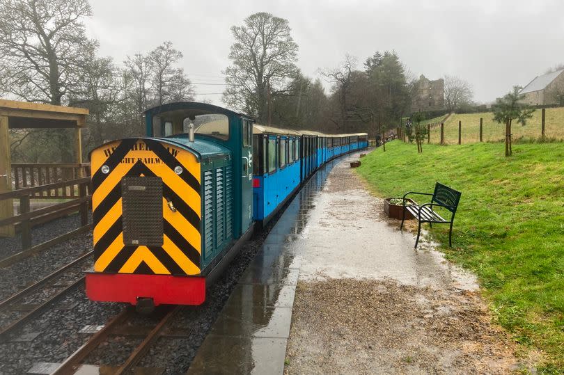 A train on the platform at Etal Station, on the Heatherslaw Light Railway