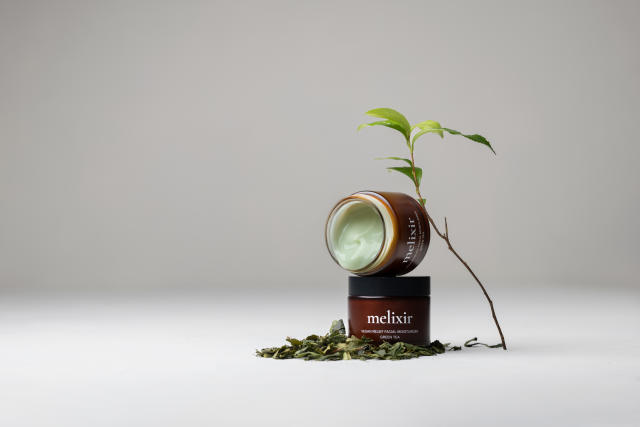 Melixir Vegan Relief Facial Moisturizer in brown packaging showing green serum