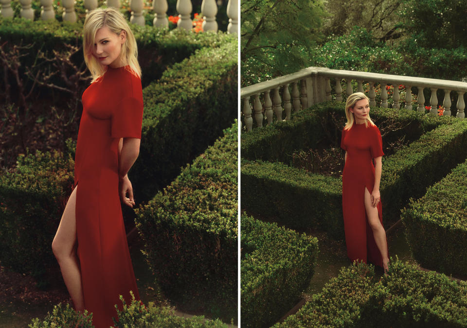 Actress Kirsten Dunst in a red dress